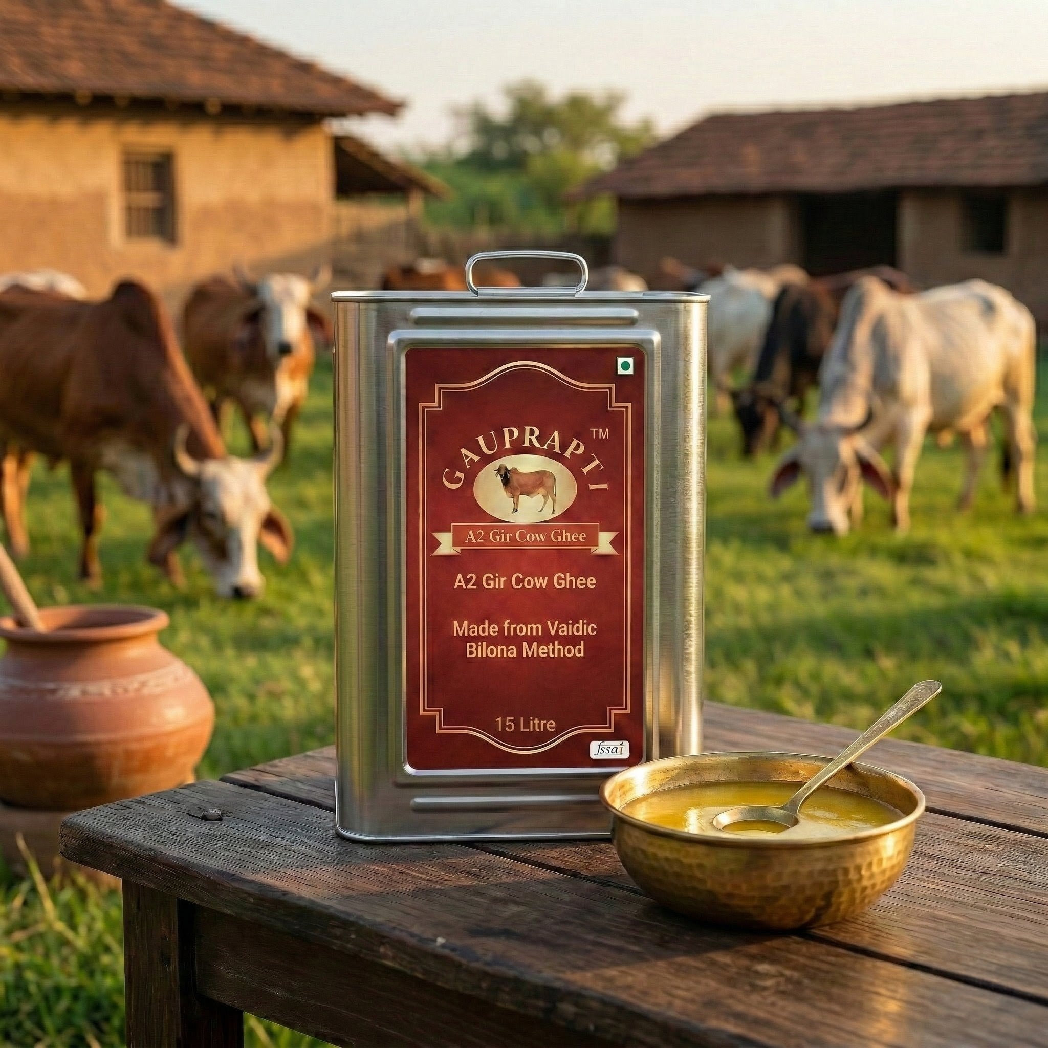 A2 Gir Cow Ghee 15 litre tin with Gir cows in background