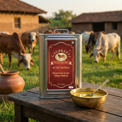 A2 Gir Cow Ghee 15 litre tin with Gir cows in background