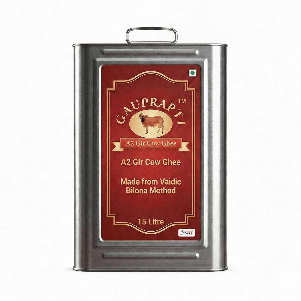 A2 Gir Cow Ghee 15 litre tin container on white background