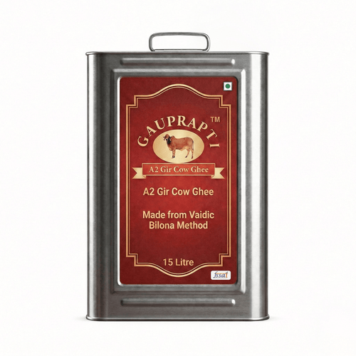 A2 Gir Cow Ghee 15 litre tin container on white background