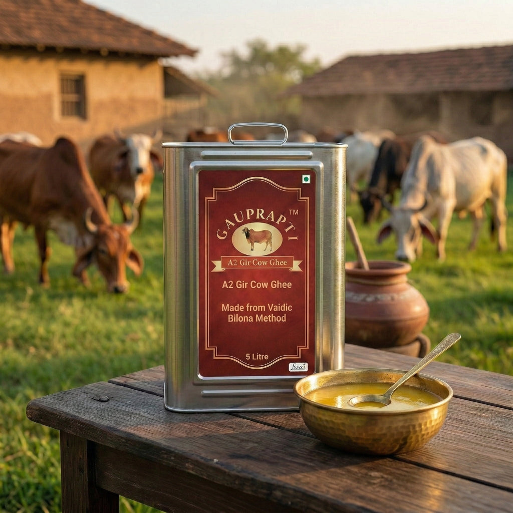 A2 Gir Cow Ghee 5 litre tin with Gir cows in background