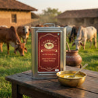 A2 Gir Cow Ghee 5 litre tin with Gir cows in background