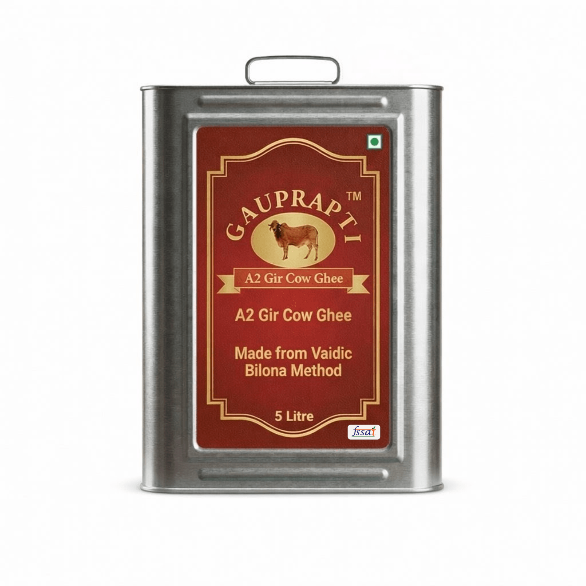 A2 Gir Cow Ghee 5 litre tin container on white background