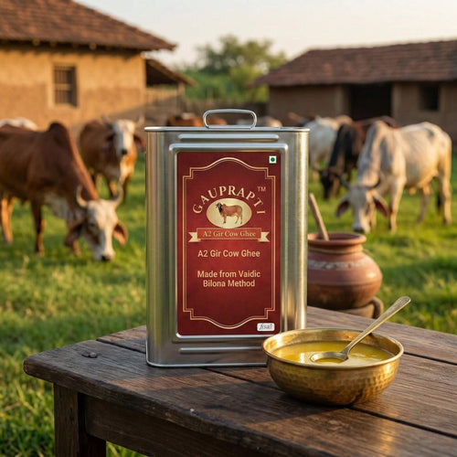 A2 Gir Cow Ghee bulk tin can with Gir cows in background